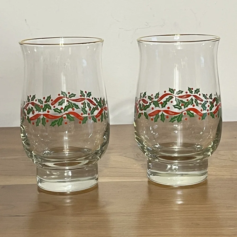 2 Libbey Holly & Berry Tumblers Clear Glass with‎ Gold Rim Christmas Holiday VTG